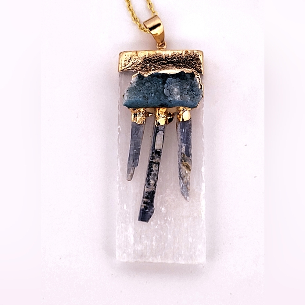 Natural Kyanite, Selenite & Blue Geode Crystal Gold Necklace Nksbgcgn2